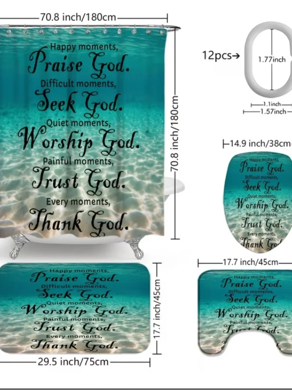 🆕 4 Pc Full Teal Inspirational Bathroom Shower Curtain and Mat Set - Faith Quote